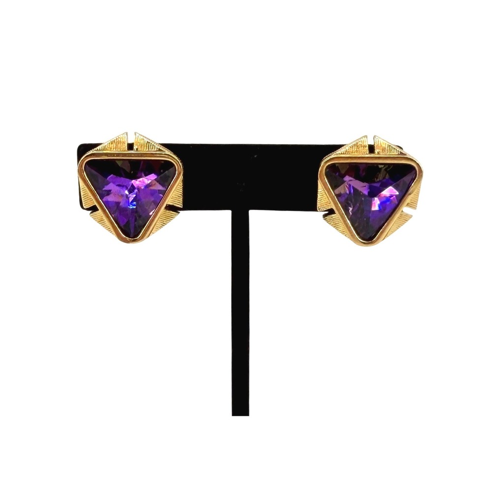 Vintage Purple Crystal Triangle Clip On Earrings Gold Tone Geometric Statement‎